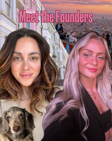 Portrait of two smiling women, co-founders of Blōma, standing in front of a London street and a sunset cityscape. One is holding a small long-haired dachshund. The text “Meet the Founders” appears at the top.