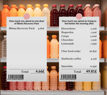 Supermarket fridge with refreshing drinks displayed in nice colors, two receipts are stuck to the outside of the fridge, with one stating the cheap price of Blōma Recovery Packs, the other showing the expensive and excessive amount of mone, someone would spend on recovery if they don't have Blōma. 