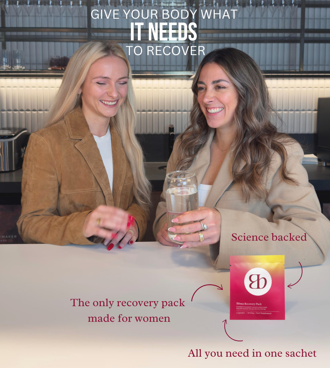 Blōma Recovery Pack displayed on a pink background with capsules and a lemon water, highlighting key benefits: 12 clean ingredients, fast relief from fatigue and bloating, hormone and mood support, and UK GMP-certified quality
